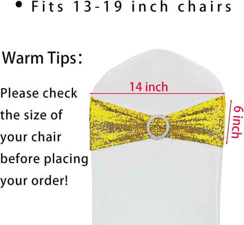 Sequin Chair Sashes Stretch Chair Bands Spandex Polyester Bows for Party Hotel Wedding Banquets Decoration -Gold 6 Pcs...