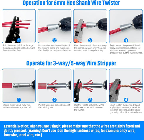3Pcs Wire Twister Tools Kit, 6mm Hex Shank Cable Twister Tool and 3-Way/5-Way Wire Stripping Tool, Wire Stripping and Twister Bit for Electrical P...