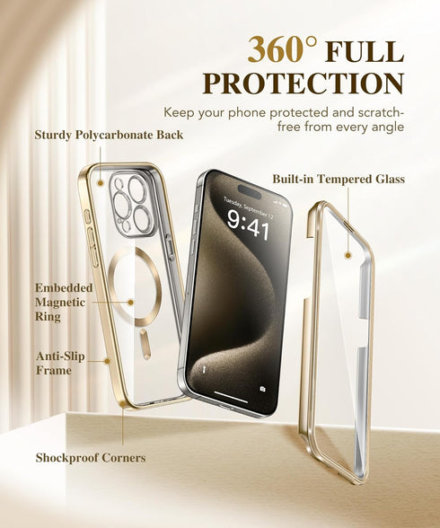 BERFY Magnetic for iPhone 15 Pro Max Case, Compatible with Magsafe, Built-in 9H Tempered Glass Screen Protector & Full Camera Protection, Full Bod...