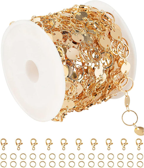 YOUBEIYEE 16 Feet/5M KC Gold Plated Jewelry Chains Cable Circle Link Chain with Sequins Women Necklace Chains Bulk for Jewelry Making with Lobster...
