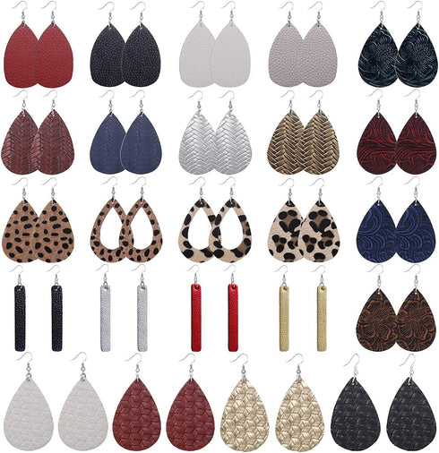 AIDSOTOU 24 Pairs Teardrop Faux Leather Earrings Set for Teens Girls Women Black and Red Animal Floral Print Leopard Print Lightweight Leather Dan...