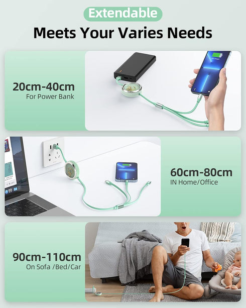 YKZ Multi Charging Cable 2Pack, 3-in-1 USB Retractable Phone Charger Cord with USB C/Micro USB/IP Port for Phones and Tablets, Perfect for Car/Tra...