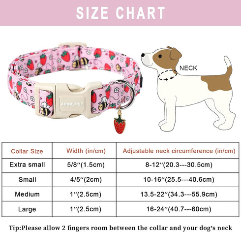 ARING PET Summer Dog Collar-Cute Pink Dog Collar for Small Dogs, Adjustable Strawberry Bees Print Pet Collars Puppy Collar for Small Medium Large ...