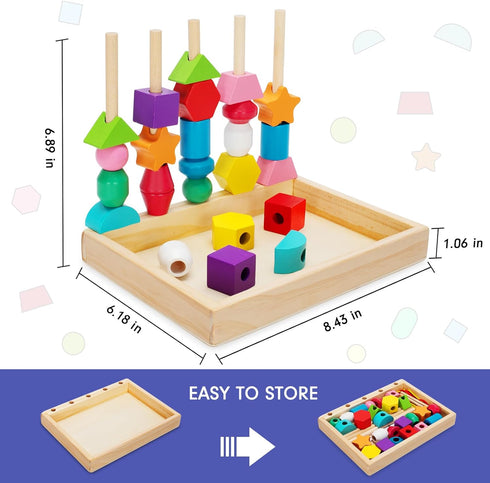 Montessori Wooden Lacing Beads Toys for 2 3 4 Year Old Toddler Kids, Sequencing & Stacking Block Toy with Storage Box, STEM Preschool Learning Toy...