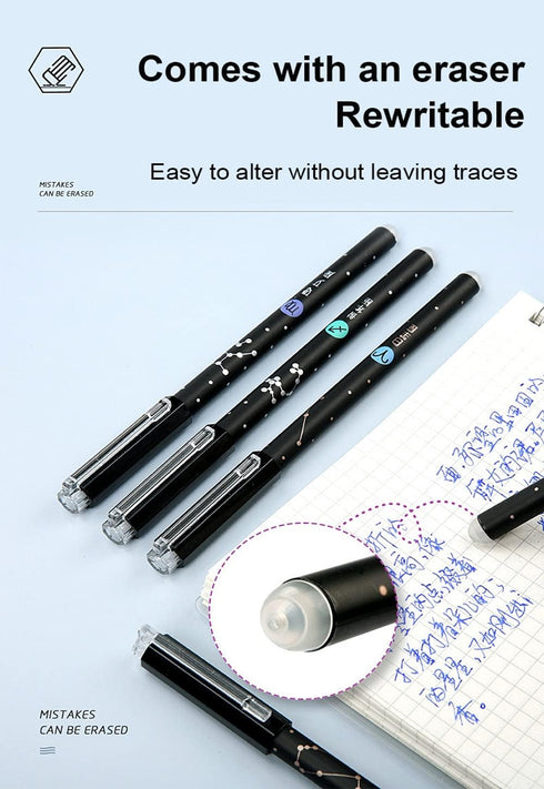 Gel Ink Pens 12PCS Erasable, with Eraser 0.5mm Fine Point Black/Blue 12 Constellations Ink Medium Point Creativity for Journaling Writing Drawing ...