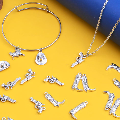 80pcs Antique Silver Western Cowboy Theme Charms Vintage Alloy Mixed Western Horse Boot Gun Pendants Charms for DIY Bracelet Necklace Earrings Jew...