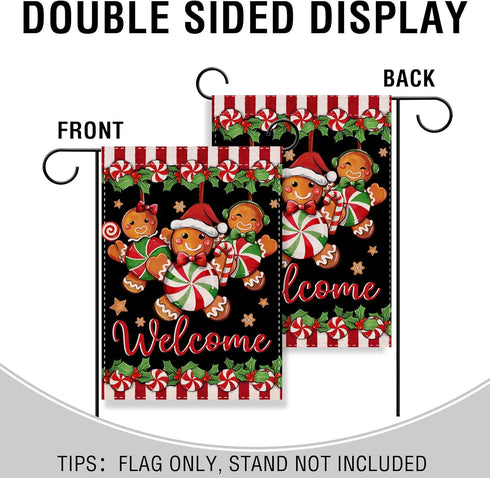 Welcome Christmas Gingerbread Man Small Decorative Garden Flag, Xmas Peppermint Candy Holly Red Berries Yard Lawn Outside Decor, Winter Holiday Fa...