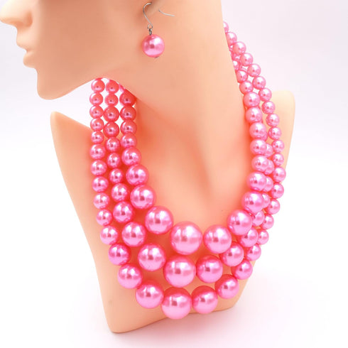Womens Faux Pearl Costume Jewelry 3 Layers Pearl Chunky Necklace Bracelet and Earrings (Pink)...