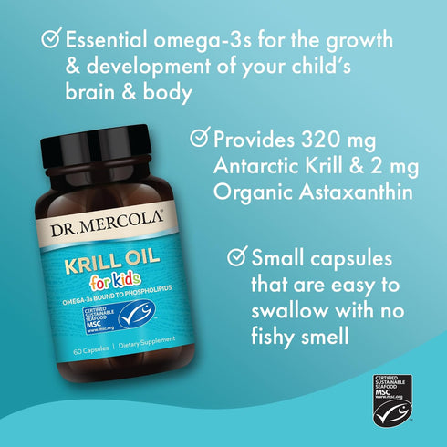 Dr. Mercola Krill Oil for Kids - 320 mg Krill Oil - MSC Certified - Supports Brain & Body Development - Phospholipid Form for Absorption - Non-GMO...