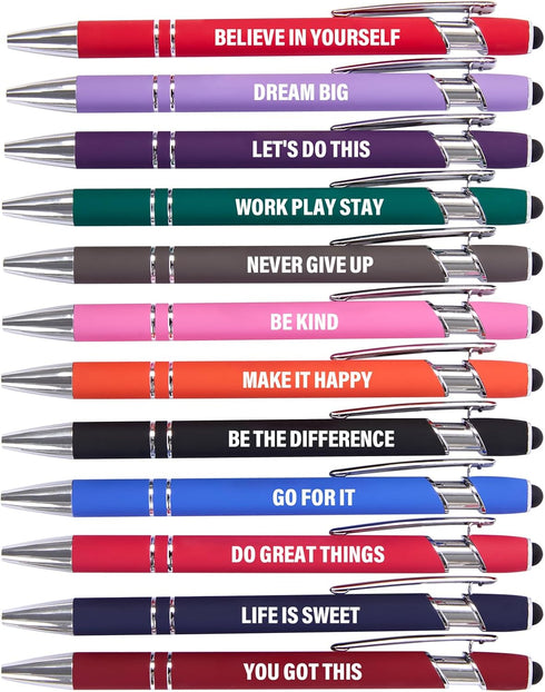 Funny Pens, 12 Pcs Pens Fine Point Smooth Writing Pens, Inspirational Ballpoint Pens with Screens Touch Stylus Tips, Black Ink 1.0 Mm Pens Gift Of...