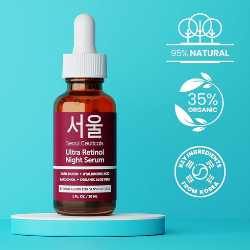 SeoulCeuticals 1% Korean Retinol Night Serum for Face - 97.5% Snail Mucin + Hyaluronic Acid + Bakuchiol, Cruelty Free K Beauty for Sensitive Skin ...
