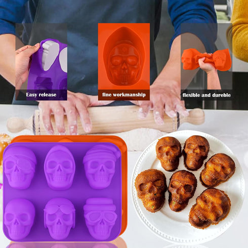 Sakolla Large Skull Cake Pan Silicone Molds, 2 Pack 6 Cavity Halloween Skull CakeletChocolate Molds Candy Pizza Baking Molds Handmade Soap Tray...