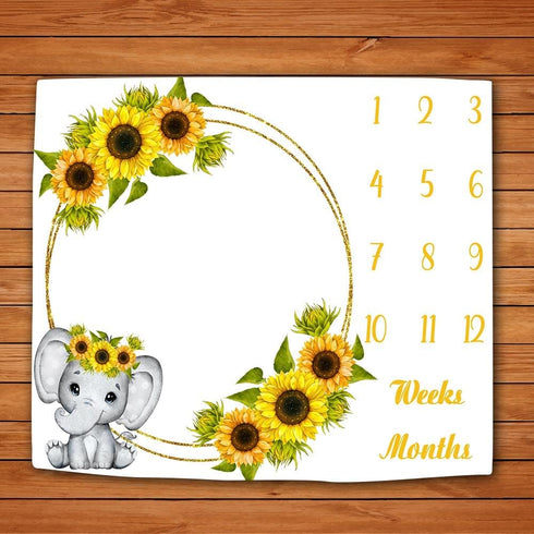 Sunflower Baby Age Blanket, Cartoon Elephant White Baby Growth Chart Memory Blanket, 48x40 Inch Newborn Swaddling Blanket Monthly Baby Milestone B...
