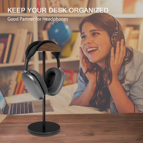 Headphone Stand for Desk - Headset Holder with aluminum alloy support rod, gaming headset stand with wooden support plate...