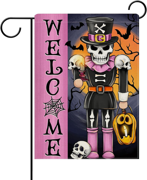 Welcome Pink Halloween Nutcracker Decorative Garden Flag, Spooky Skeleton Skull Jack O Lantern Pumpkin Yard Outside Home Decorations, Gothic Holid...