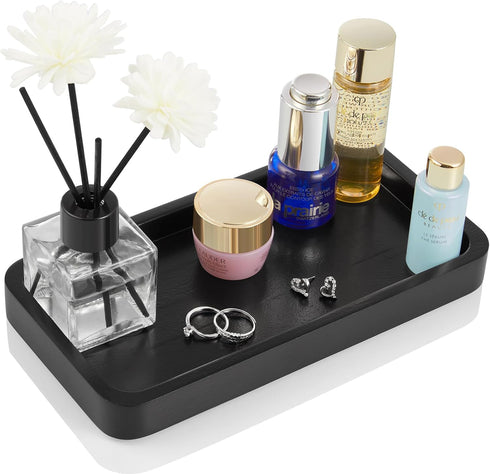 ALELION 8" Bathroom Vanity Tray for Counter - Wood Tray for Dresser Tops Perfume Jewelry Candle Key Catchall - Black Kitchen Countertop Organizer ...