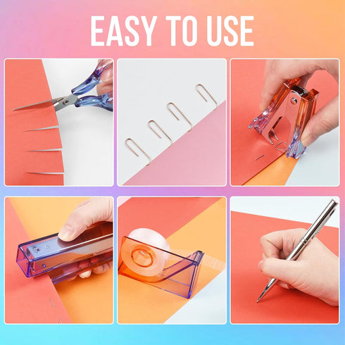 Bisofice Red Purple Acrylic Office Supplies Set Office Set 8 Piece Desk Accessories Set, Desktop Stapler, Tape Dispenser, Scissors Set, Paper Clip...