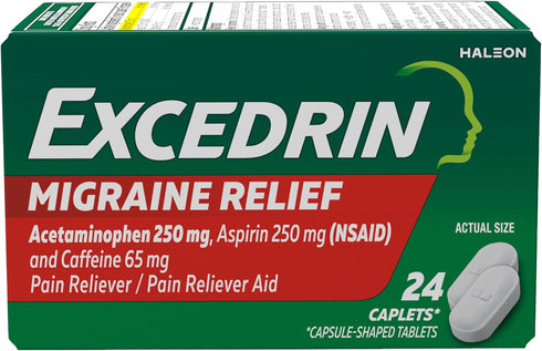 Excedrin Migraine Relief Caplets for Migraine Symptoms, Acetaminophen 250mg, Aspirin 250mg, Caffeine 65mg, Pain Reliever, 24 Count...