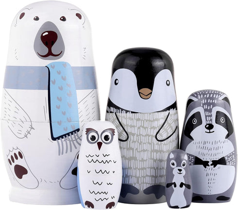 Yoption 5Pcs Russian Matryoshka Dolls Handmade Wooden Polar Bear Penguin Nesting Dolls Set for Kids Christmas Birthday Toy Gift (Polar Bear)...
