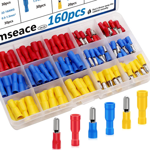 smseace 160PCS Insulated Bullet Connectors Assortment Kit 22-10AWG Bullet wire connectors Female&Male Bullet Connector for Automotive Boat Stereo ...
