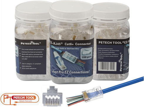 PETECHTOOL 100-Pack RJ45 CAT6A CAT6 Pass Through Connectors 23AWG Cables-End Bold UTP Ethernet 8P8C Gold Plated Modular Plug for Unshielded Twiste...