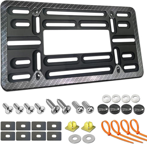 Front License Plate Mounting Kit- Carbon Fiber License Plate Frame and Universal Bracket for 2 Hole Front Bumper, Black Aluminum Car Tag Holder Ad...