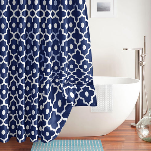 Biscaynebay Extra Long Textured Fabric Shower Curtains 72" W x 84" L, Navy Morocco Pearl Printed Hotel Spa Luxury Decorative Bathroom Curtain Mach...