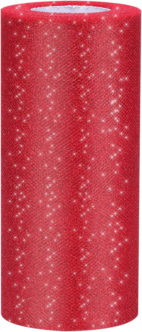 Glitter Tulle Roll Sparkling Tulle Ribbon Fabric Spool for Wedding Decoration Gift Wrapping, 6 Inch by 25 Yards (Red)...