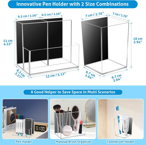 2 Pack Magnetic Pen Holder, Acrylic Magnetic Dry Erase Marker Holder with Full Magnet Back and 4 Compartments, Magnetic Pencil Cup Locker Organize...