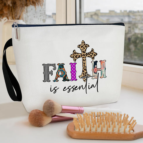 Christian Cosmetic Bag, Bible Verse Makeup Bag Gifts for Friends Wife Coworker, Toiletry Pouch Cosmetic Bag with Zipper (Faith is essential)...