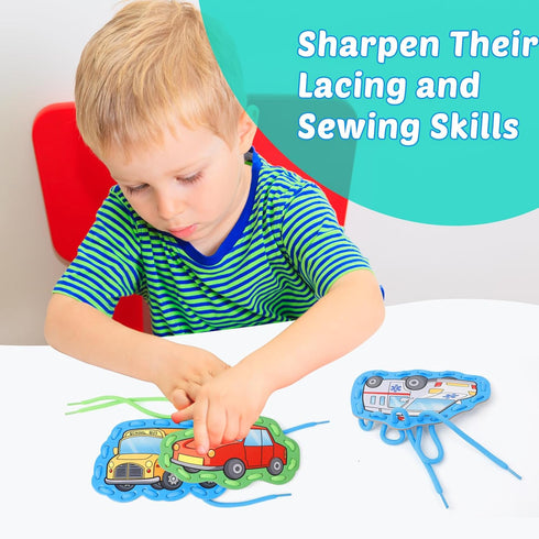 Aizweb Vehicle Lacing Cards,Sewing Cards for Toddlers, Fine Motor Skill Toys,Threading Cards for Preschoolers,Art and Craft for Kids Educational K...