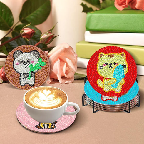 DOTSOPS 8 Pcs Cartoon animal Diamond Painting Coasters Kits with Holder - DIY Diamond Art Coaster - Non Slip Coaster for Adults Diamond Painting K...