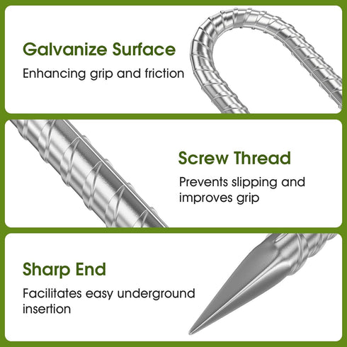 J-Hook Galvanized Rebar Stakes, 12 Inches Long Heavy Duty Ground Anchors for Camping, 4 Pack Reusable Anti-Rust Steel Ground Stakes for Gardens, L...