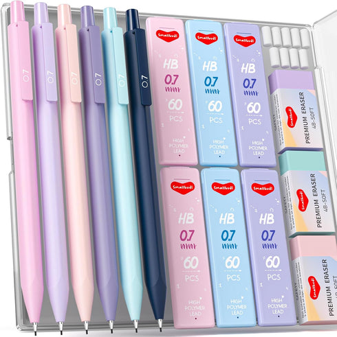 6PCS 0.7mm Mechanical Pencils Set with Case, Cute Pastel Mechanical Pencil with 360PCS HB Lead Refills, 3 Erasers, Aesthetic Back to School Suppli...