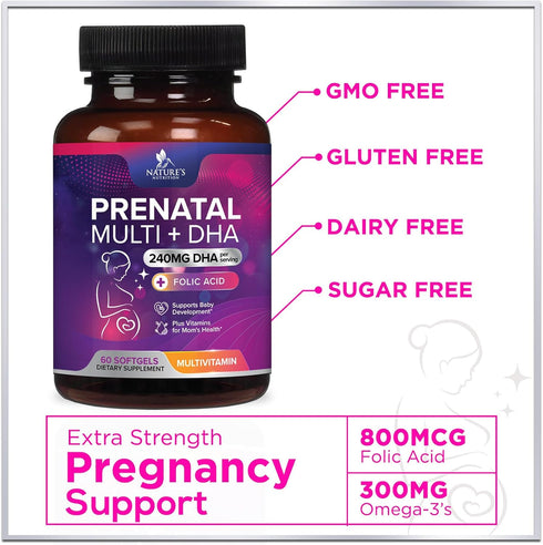 Women's Prenatal Multivitamin with Folic Acid + DHA, Prenatal Vitamin Supplement for Fetal Support w/ Folate, Omega 3, Vitamins D3, B6, B12 & Iron...