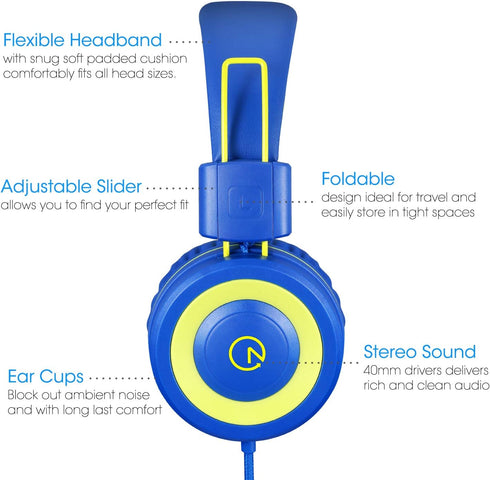 noot products Kids Headphones with Microphone K12 Stereo 5ft Long Cord with 85dB/94dB Volume Limit Wired On-Ear Headset for iPad/Amazon Kindle,Fir...