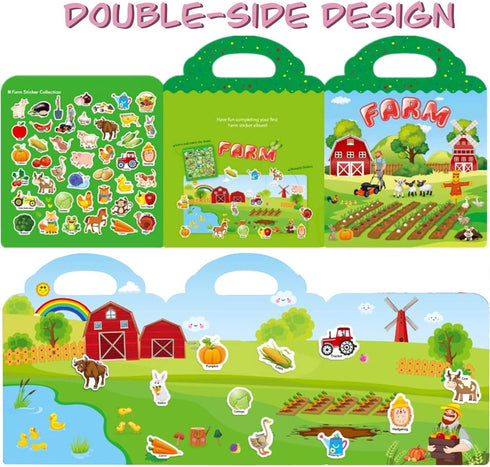 Reusable Sticker Book for Kids, Farm Stickers Educational Learning Toys Travel Stickers Activity Books for Toddler Girls Boys Age 3+ Birthday Gift...