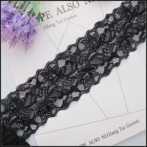 VGOODALL 3 Inch Black Lace Ribbon, 10 Yards Wide Lace Trim for Sewing Elastic Floral by Roll for Bridal Wedding Decoration DIY Sewing Craft Gift W...