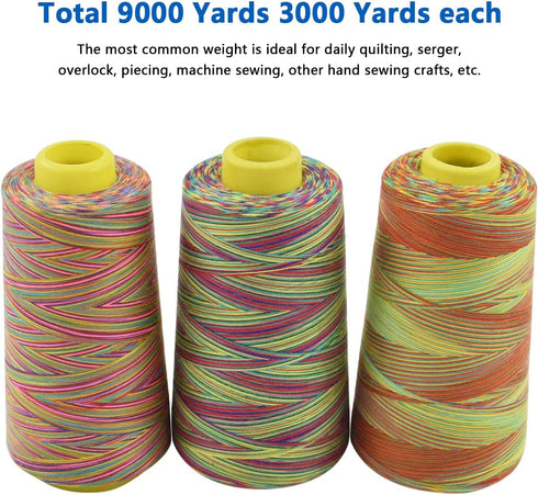 Rainbow Variegated Polyester Sewing Machine Thread All-Purpose Thread 3 Cones of 3000 Yards Each Spool Thread for Sewing Quilting Overlock Embroid...
