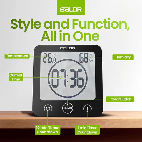 BALDR Digital Shower Clock with Timer - Black - Water-Resistant Shower Timer, Countdown Timer Clock with Temperature and Humidity, Digital Clock f...
