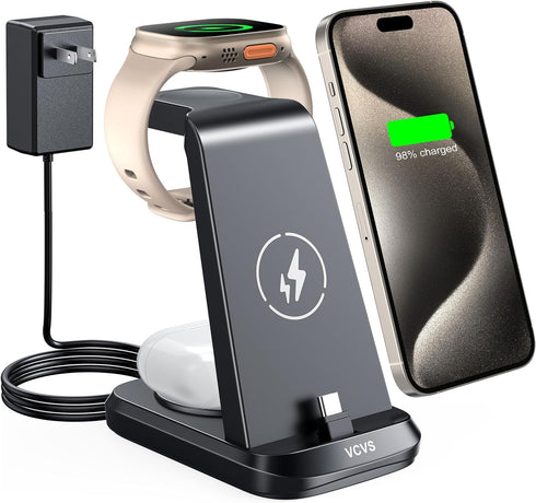 30W PD USB C Super Fast Charging Station Charger for iPhone 15/15 Plus/15 Pro/15 Pro Max Only, VCVS 3 in 1 Wireless Charger Compatible with Apple ...
