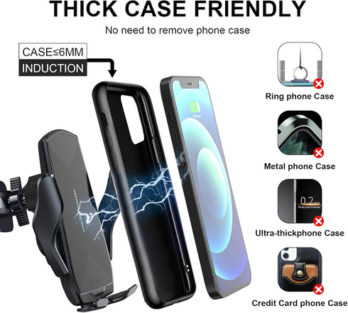Wireless Car Charger,Qi 15W Fast Charging Automatic Clamping Car Phone Holder Mount, Air Vent Car Phone Holder for iPhone 13/13 Pro/12 Pro Max/12 ...