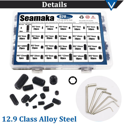 620Pcs M2, M3, M4, M5, M6, M8 Metric Hex Socket Head Cup Point Set Screws (Black),25 Size 12.9 Class Alloy Steel Grub Screw Assortment Kit with 6 ...