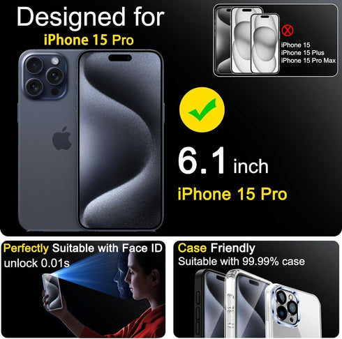Ferilinso 4 Pack Screen Protector for iPhone 15 Pro with 4 Pack Tempered Glass Camera Lens Protector Phone Case Friendly Ultra Accessories Protect...