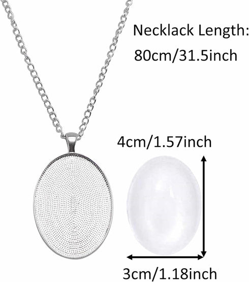 Julie Wang 10 Sets Silver Color Oval Bezel Pendant Kit with Glass Cabochon Iron Chain for Necklace Jewelry Making 40x30mm...