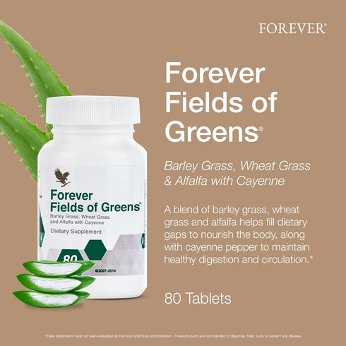 Forever Living - Fields of Greens, Green Superfood Supplement with Barley Grass, Wheat Grass, and Alfalfa to Cleansing and Alkalizing, 80 Tablets...