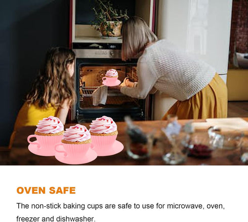 Silicone Cupcake Liners, 16 Pcs Silicone Muffin Cups for Baking, Reusable Muffin Liners, Teacup Cupcake Baking Cups, 8 Cups & 8 Saucers, Pink...
