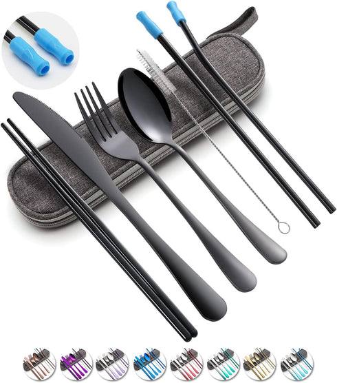 Travel Utensils Set with Case Reusable Portable Cutlery Set Stainless Steel 8pcs Including Dinner Knife Fork Spoon Chopsticks straws(Black)...
