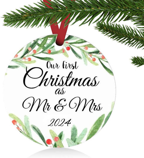 ZUNON Christmas Ornaments 2024 Our First Christmas as Mr & Mrs Couple Married Wedding Gifts Bridal Shower Gifts Decoration 3" Ornament (Green Mr &...