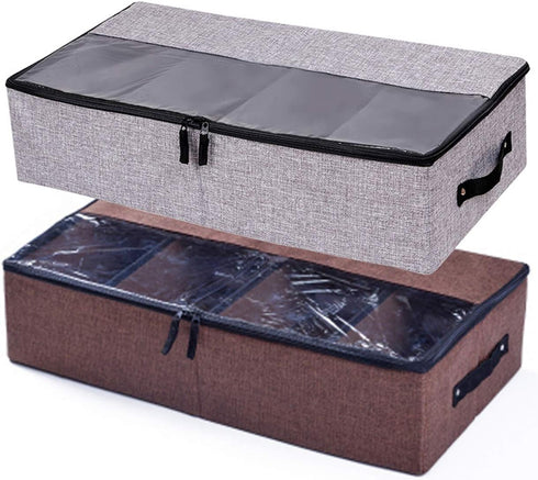 AARAINBOW 2 Packs Foldable Under Bed Shoes Organizer with Lids, Underbed Clothes Storage Container with Divider, UnderBed Storage Bins Box with Cl...
